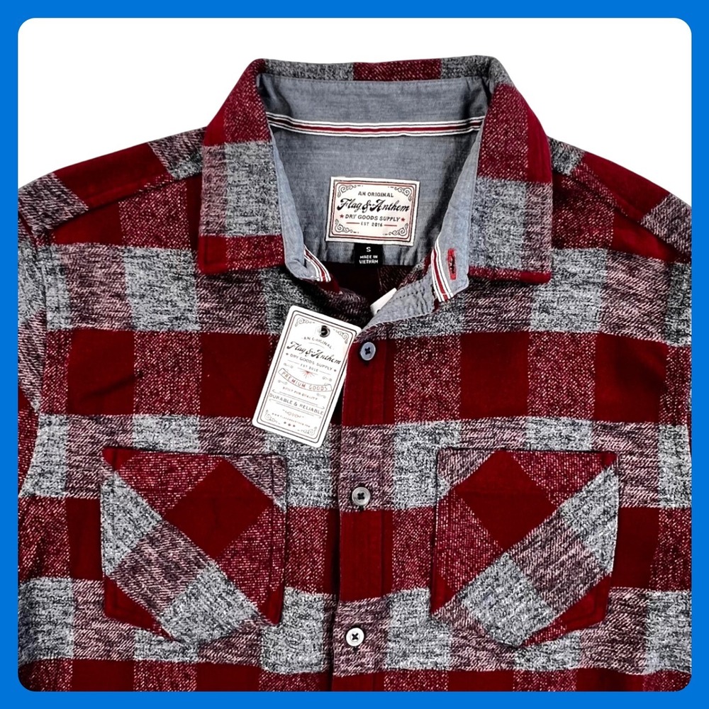 Flag &‎ Anthem Flannel Shirt Men's SMALL Red Gray Cotton Plaid Long Sleeve NWT
